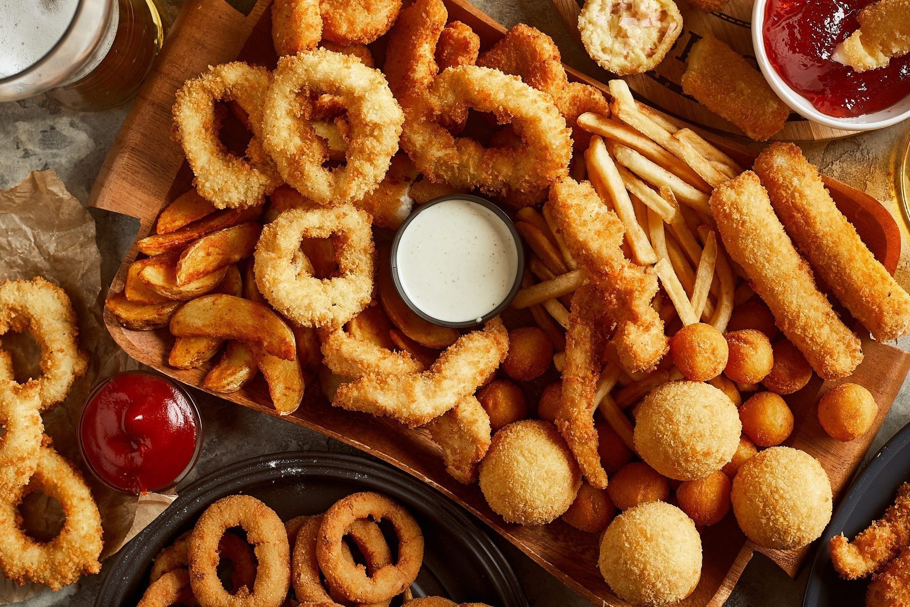 fried foods including French fries and onion rings