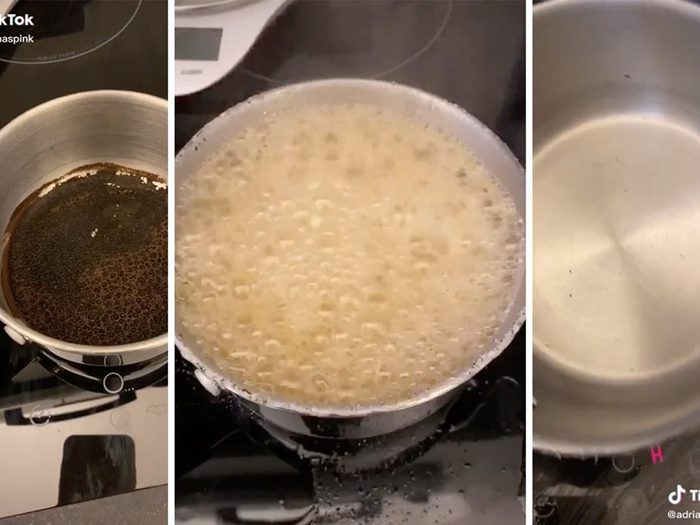 TikTok Hack showing how to clean pots and pans