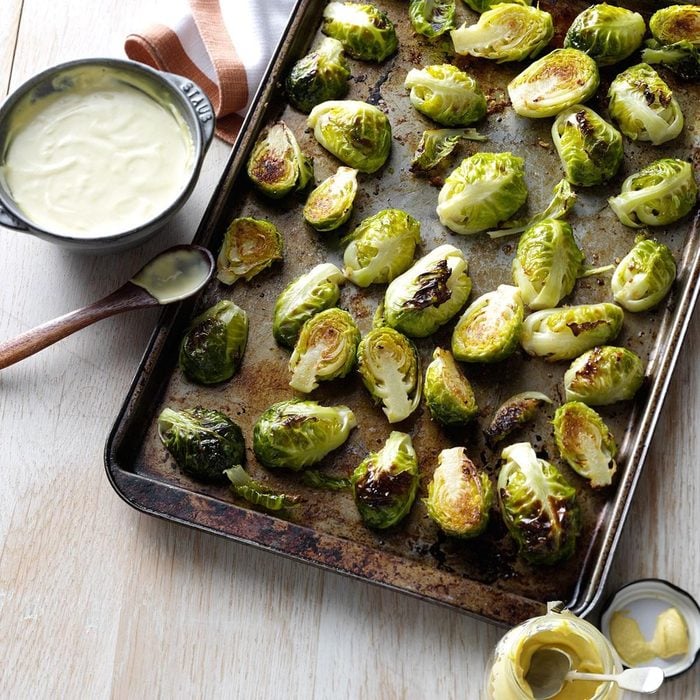 small-scale christmas dinner ideas - Garlic-Roasted Brussels Sprouts with Mustard Sauce