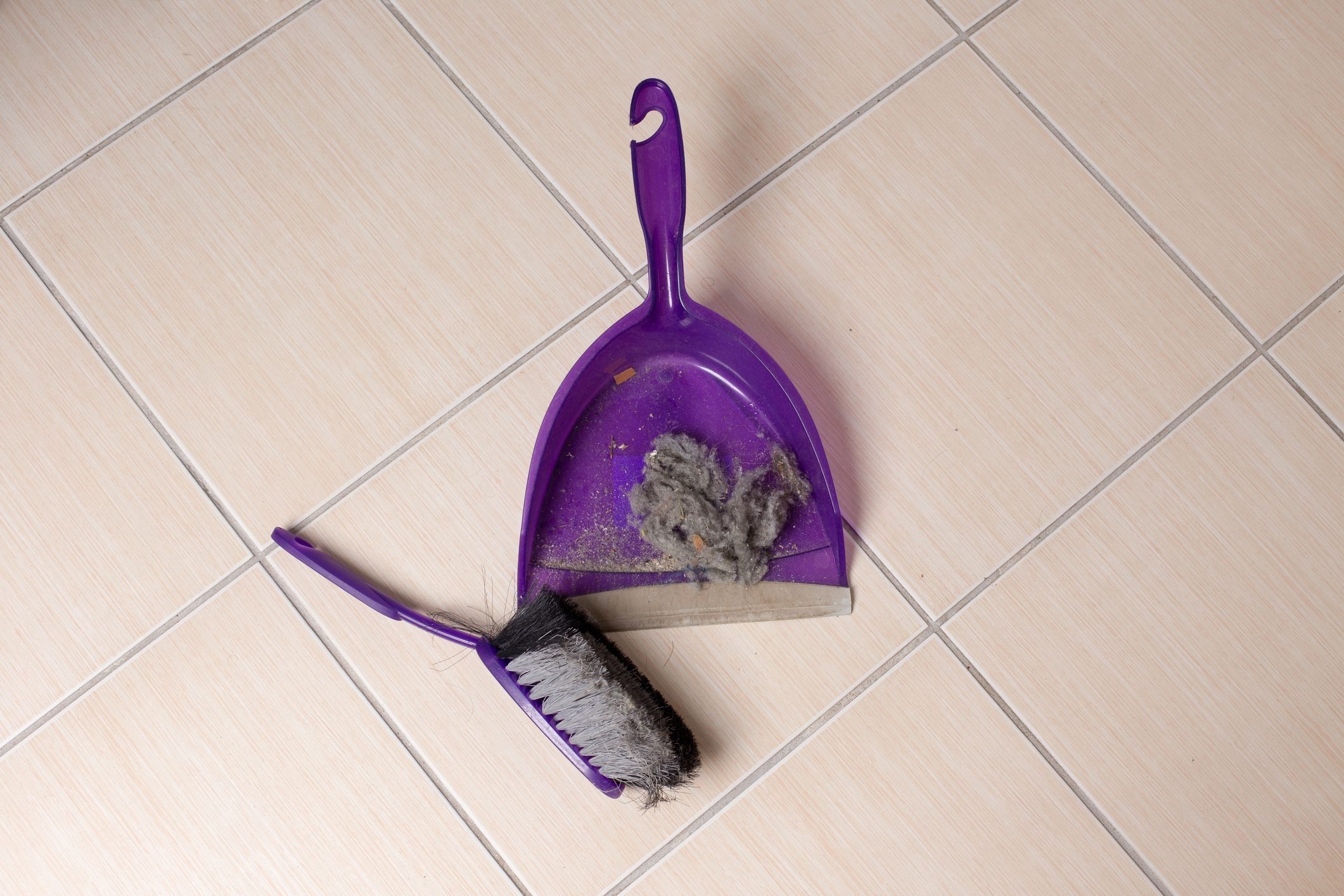 Dust pan and brush on tiled floor