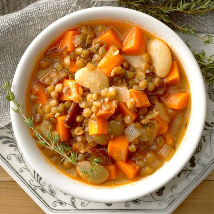healthy winter soups - Lentil, Bacon and Bean Soup