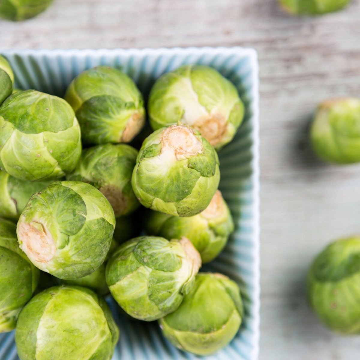 Brussels sprout buns on white wooden table surface and little red pot with green sprouts blurred in background. Selective focus, copy space