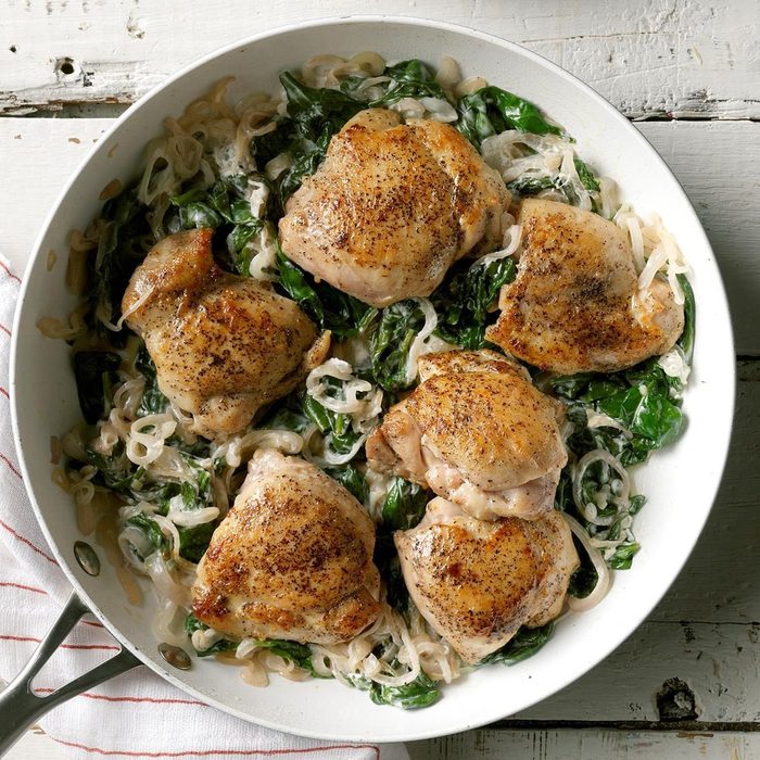 low carb dinner ideas - Chicken Thighs with Shallots & Spinach