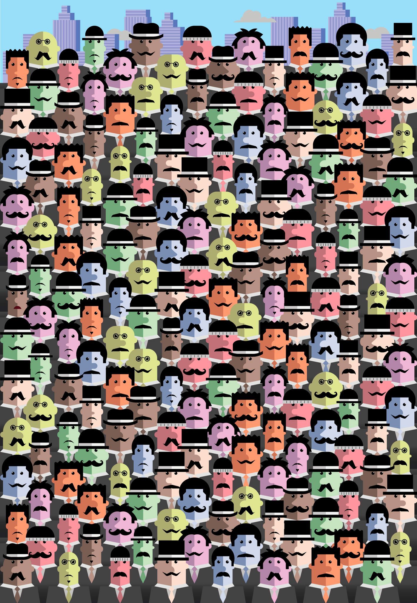 illustration; find the man without a mustache