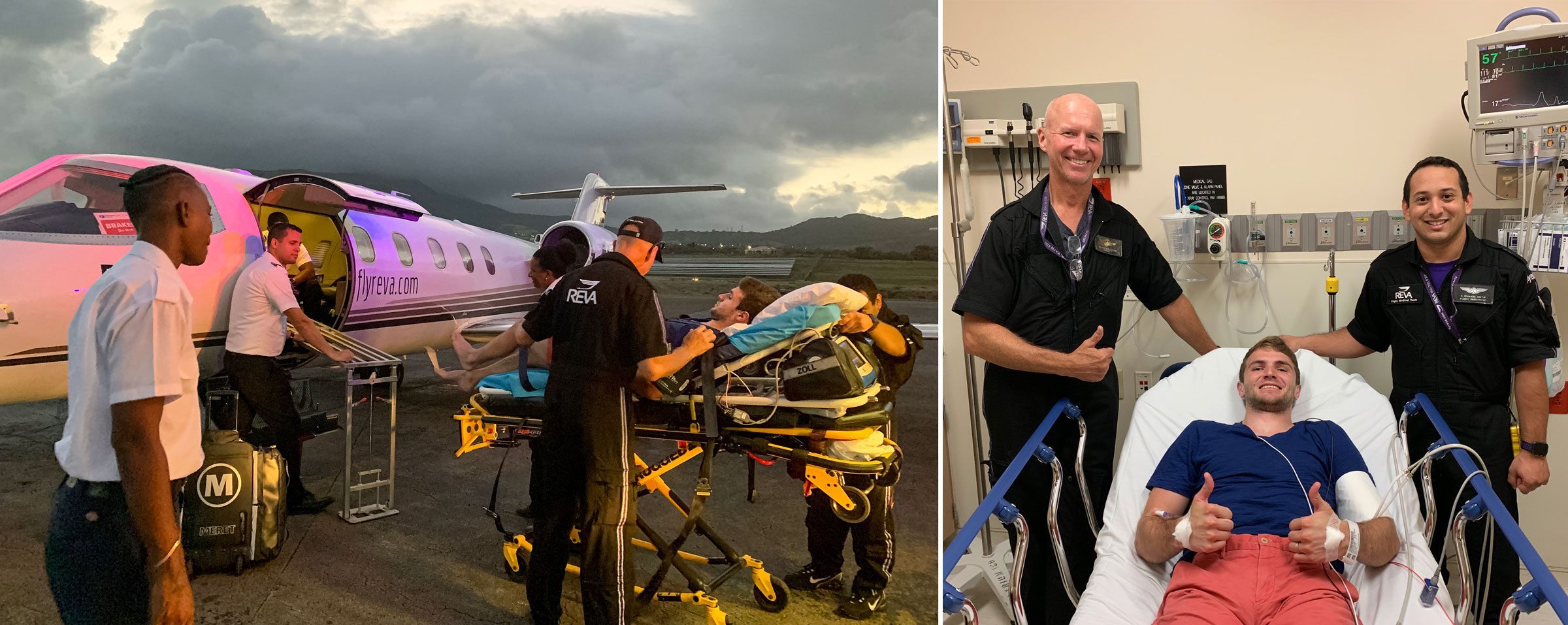 left: Clay being loaded into the medevac plane; right: Clay with the medevac EMTs in the ER in Florida