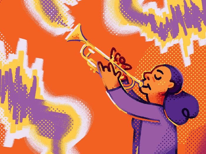 Illustration of an adult woman playing the trumpet.