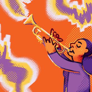 Illustration of an adult woman playing the trumpet.
