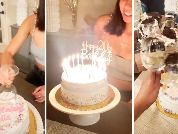 Screenshots from a TikTok video demonstrating how to cut a cake with wine glasses.