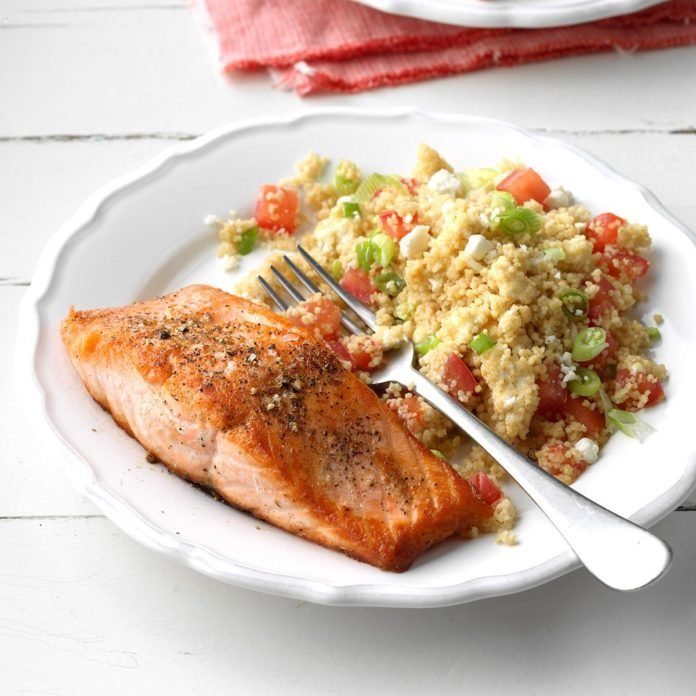Quick Dinner Ideas - Salmon with Tomato-Goat Cheese Couscous
