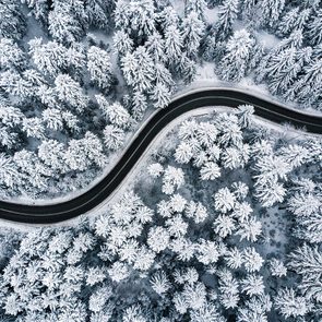 Winter road trip guide - winding road through snowy forest