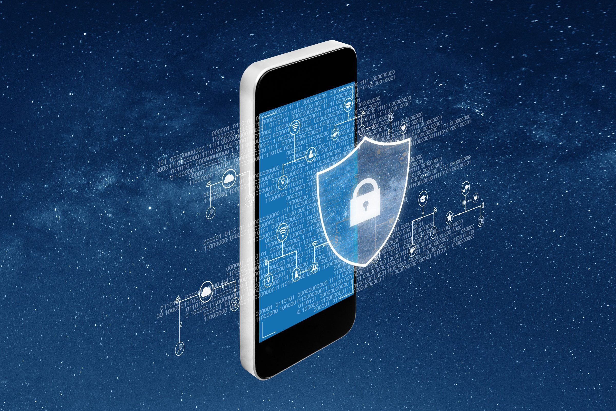 concept illustration of encrypted data across the screen of a smartphone with a shield and lock symbol