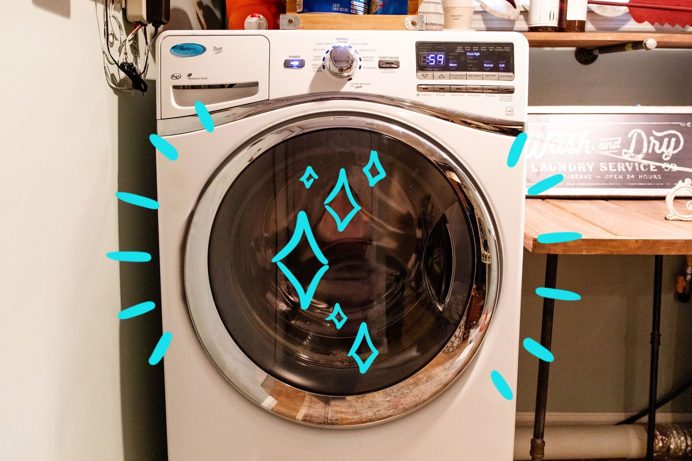 A washing machine door with sparkles, emanating wiggly lines to symbolize cleanliness