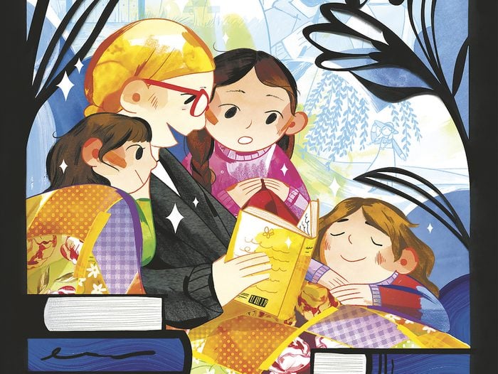 An illustration of a woman reading to her three daughters