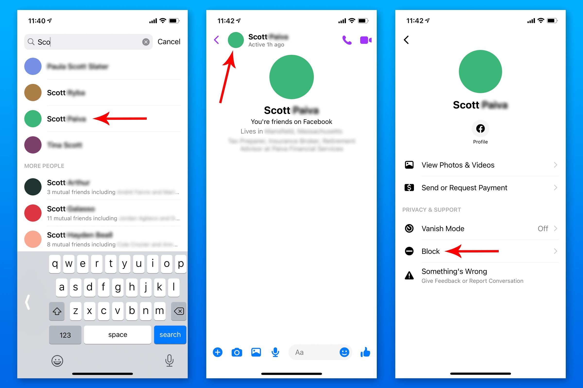 How to block someone on the Facebook Messenger mobile app by searching for a specific person