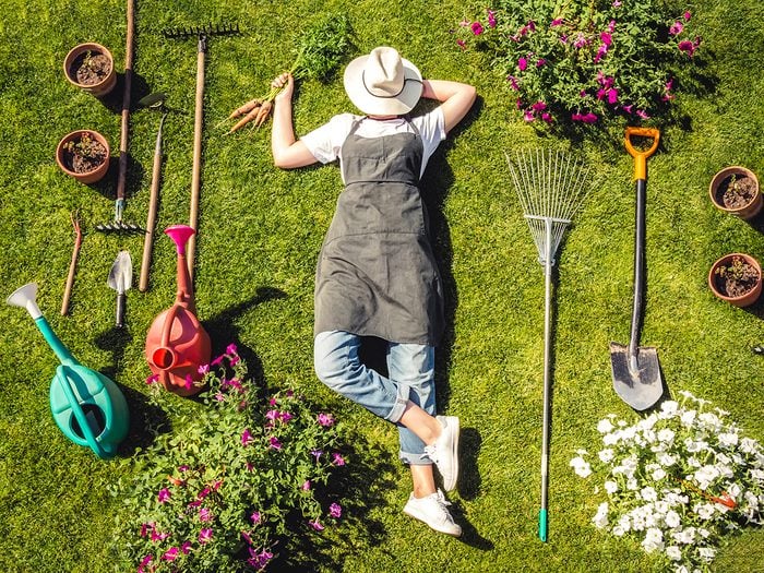 Gardening tips - gardener sleeping on lawn