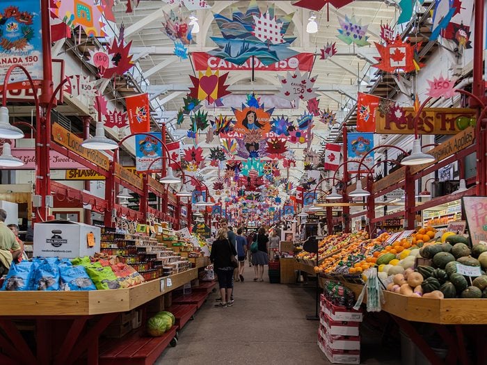 Historical Places in Every Province - SAINT JOHN, NEW BRUNSWICK, CANADA - August 4, 2017: Interior of Saint John City Market in Saint John, NB, the oldest continuously operated farmer's market in Canada, with a charter dating from 1785.