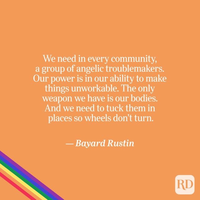 Rustin quote on orange with rainbow accent