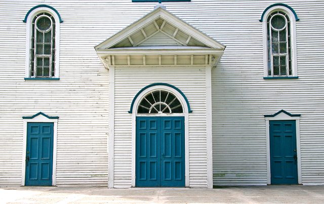 Doors Across Canada - White Church With Blue Doors