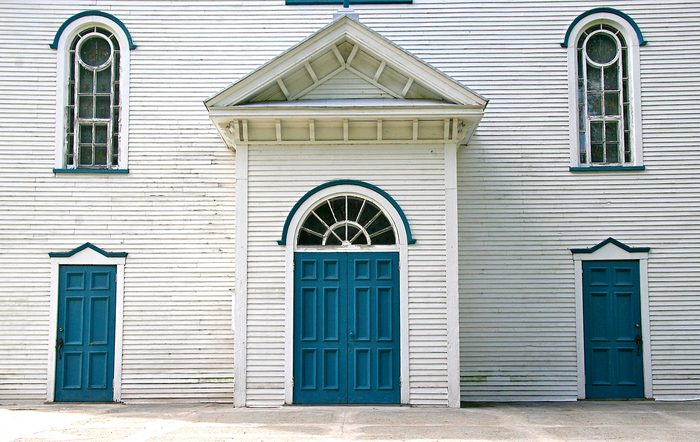 Doors Across Canada - White Church With Blue Doors