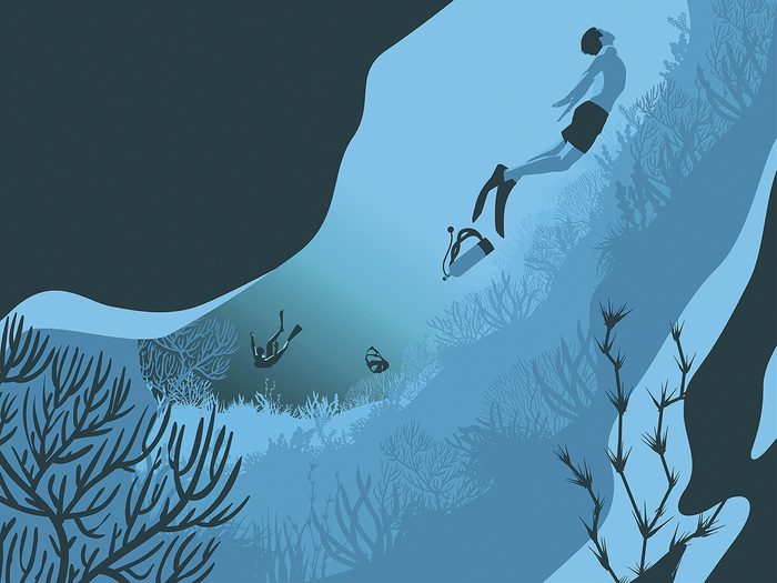 Illustration of scuba diver in underwater tunnel