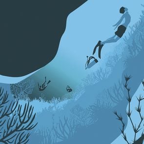 Illustration of scuba diver in underwater tunnel