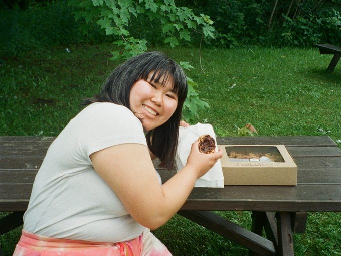 Rebecca Gao enjoys a butter tart from her road trip