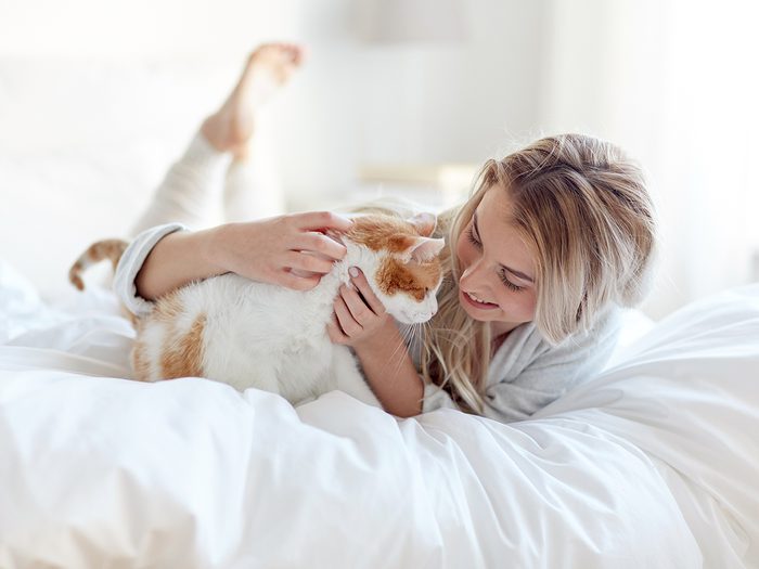 Cat in bed with woman