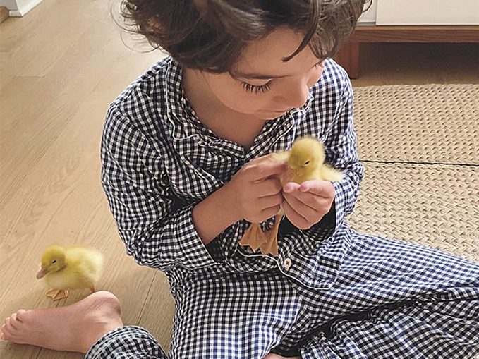 Leo with his ducklings on the day they arrived