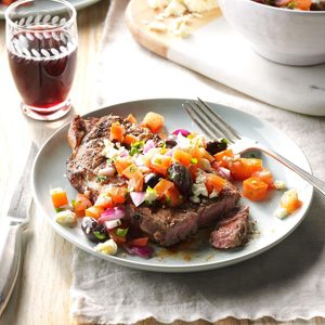 Grilled Ribeyes with Greek Relish