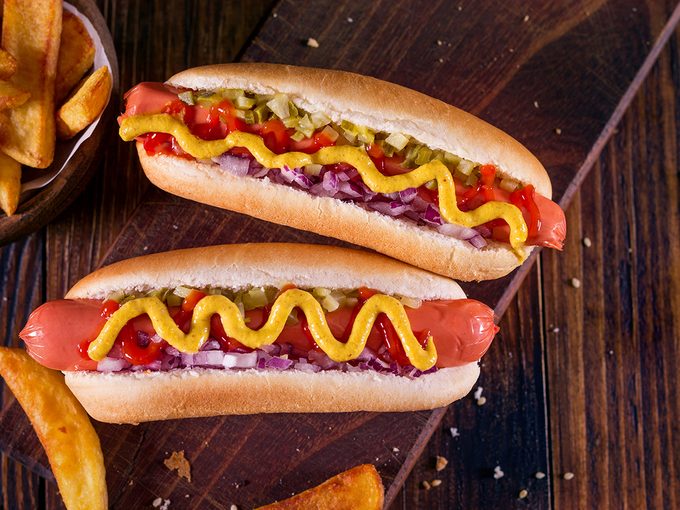 Hot dog buns - Hot Dog With Yellow Mustard, Onion, Pickles and French Fries