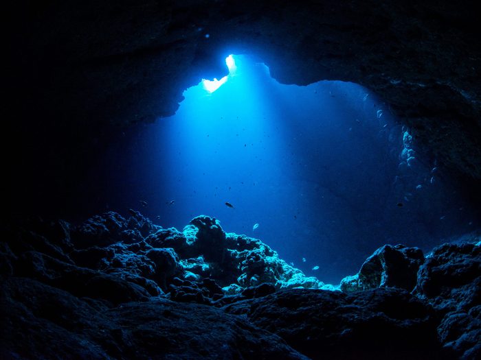Ocean words - dark underwater cave