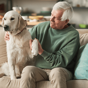 Best Dog For Seniors - mature man with dog on couch