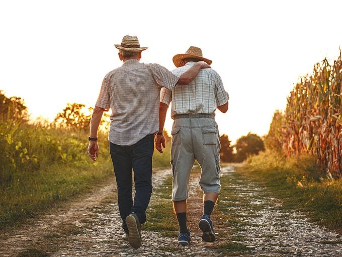 How to make new friends as an adult - two senior men walking in cornfield