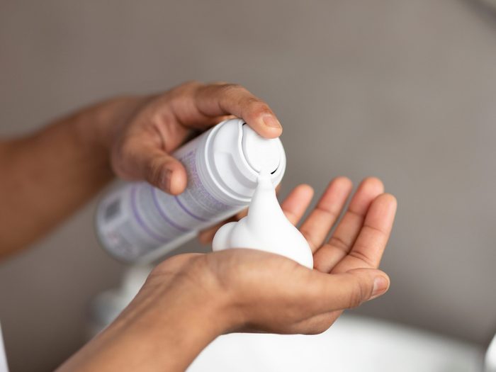 Dollar store solutions - spraying shaving cream into hand