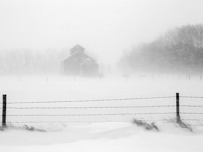 Winter storm on Saskatchewan farm in black and white