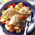 Roasted Chicken Thighs with Peppers & Potatoes