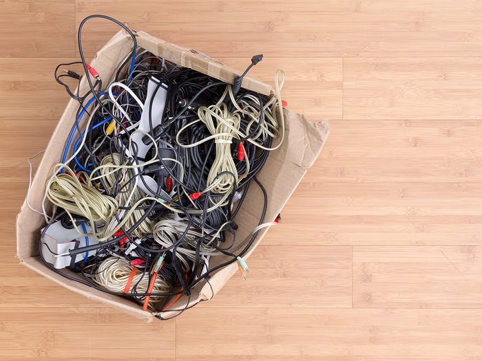 Mess of cords in box