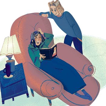 Illustration of woman sitting in sofa chair and reading a book and laughing. A man stands beside and smiles while leaning one arm on the chair.