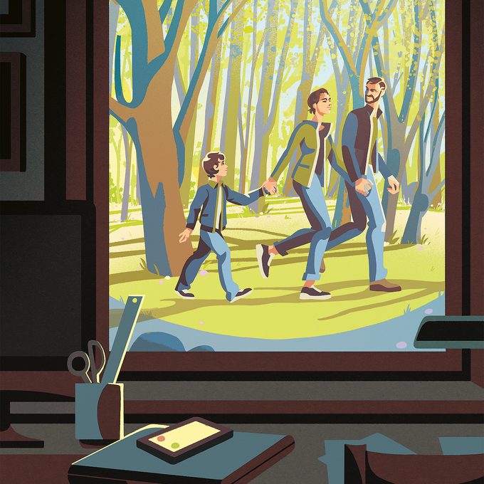 Illustration of family walking in woods outside