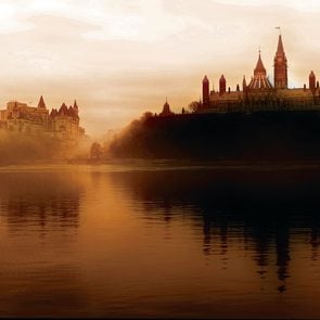 Rideau Canal history - Ottawa River and Parliament buildings in sepia