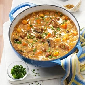 Beef Barley Soup with Roasted Vegetables