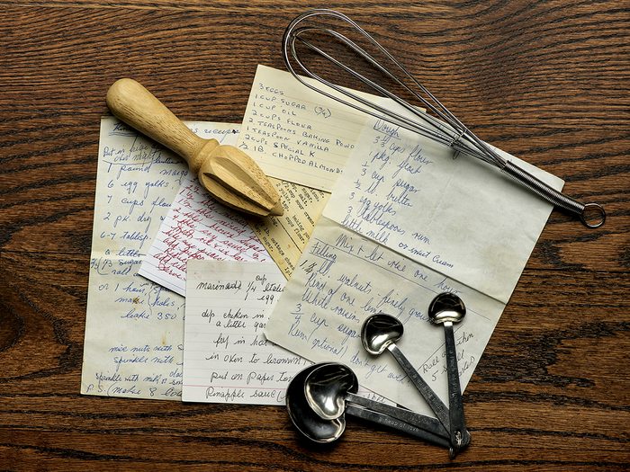 Passing down recipes - old handwritten recipe cards and baking tools