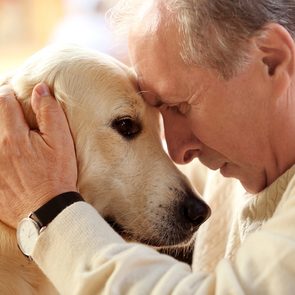 End of life care for pet - man hugging dog