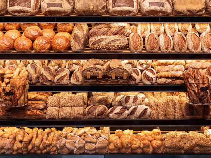 Loaves of bread in bakery display