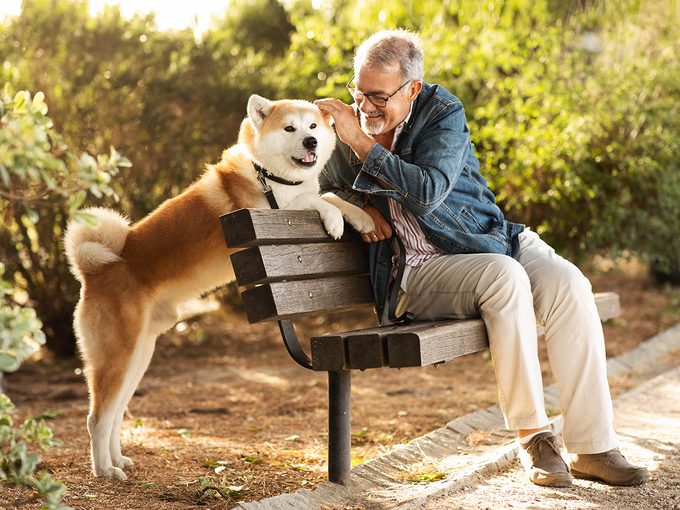 Man sitting on park bench with dog